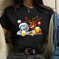 Christmas Snowman Reindeer เบียร์ผู้หญิงเสื้อยืดฤดูร้อนแขนสั้น Tee การ์ตูนพิมพ์คริสต์มาส Harajuku ลำลองสุภาพสตรีรอบคอหลวมสีดำแขนสั้นเสื้อยืด