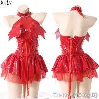 AEOZAD AniLV-Cosplay de couro vermelho feminino Asas Morcego Vestido Roupa Carnaval Noite Vampiro Demônio ฮาโลวีน