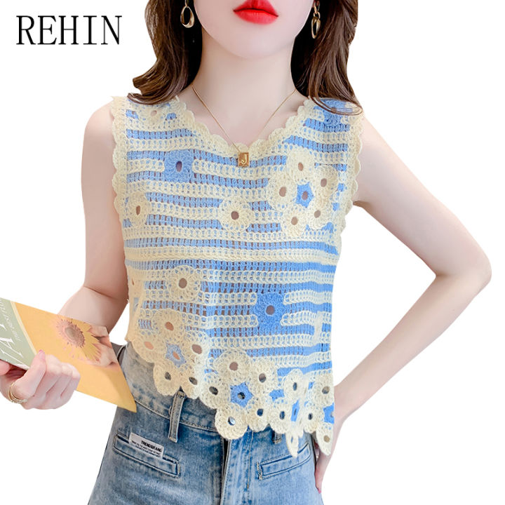 rehin-เสื้อถักโครเชต์ผู้หญิง-เสื้อคอกลมเสื้อกล้ามหน้าร้อนแขนกุดสายเอี๊ยมสั้นแหวกแนวแหวกแนว