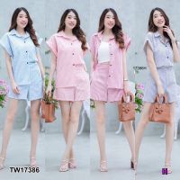 TW17386 set 2 ชิ้น เสื้อเชิ้ตลายริ้วแขนพับ + กางเกงขาสั้น ลายริ้ว