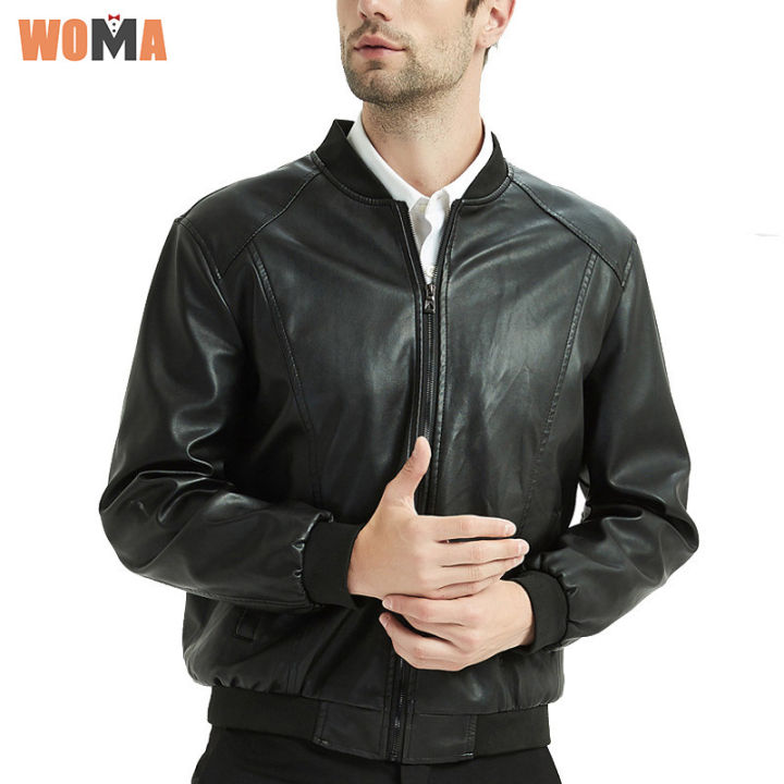 woma-เสื้อหนังชาย-แจ็คเก็ตหนังวินเทจ-เสื้อแจ็คเก็ตกันหนาวชาย-บอมเบอร์แจ๊คเก็ตชาย-เสื้อแขนยาวมีซิป