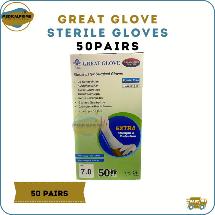 MEDIPRIME Great Glove Sterile Latex Gloves (Powder Free) 1 Box 50 Pairs size 6.0, 6.5, 7.0, 7.5