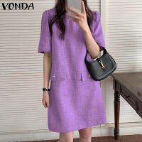 VONDA ชุดเดรสสั้นสตรีคอกลม,มินิเดรสแฟชั่นสำหรับใส่ในวันหยุดปาร์ตี้ฤดูร้อน (สไตล์เกาหลีแบบลำลอง)