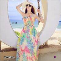 GD13810 Maxi Dress แม็กซี่เดรสสายคล้องคอ อกเสริมฟองน้ำ ผ้าไหมอย่างดี พิมพ์ลายดอกไม้กราฟฟิกสวยๆ สม็อคยางยืดหลัง