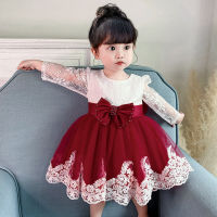 Gd3788- พร้อมส่งจากไทย ชุดราตรีเด็ก สีแดง ลูกไม้นุ่มนิ่มสวยหรู ชุดออกงานเด็กหญิง ทรงสั้น แขนยาว