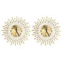 2pcs 15 Inch 3D Large Wall Clock Shiny Rhinestone Sun Style Modern Living Room Decor (Gold)