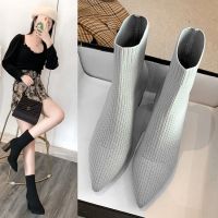 Aphixta Metal Blade Heels Socks Boots Women Stretch Fabric Elastic Stilettos Heel Pointed Toe Ankle Boots Shoes Woman Boats