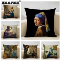 Art Oil Painting Pearl Girl Cushion Cover 45*45cm Art Decoration Coffee Bar Hotel Office Flax Pillow Cover Johannes Vermmer Drawing Painting Supplies