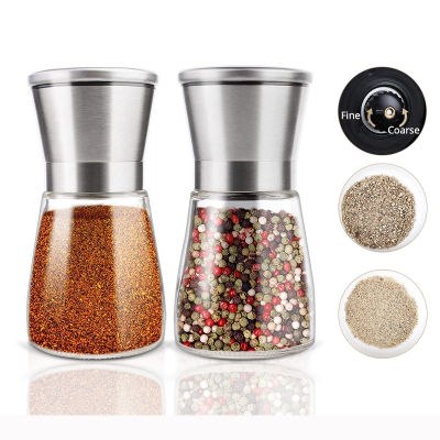 2 Piece Salt Pepper Mill Grinder Shakers,Stainless Steel Pepper Spice Mills Set with Adjustable Ceramic with Glass Body