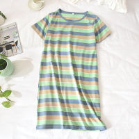 2021 new womens spring and summer 100 cotton short-sleeved skirt striped cute sweet thin section sleep skirt thin loose dress