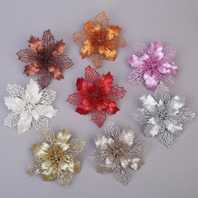 【CC】☸♂  9cm/3.54inch Glitter Hollow Hanging Ornament Xmas Poinsettia Artificial Flowers Decorations