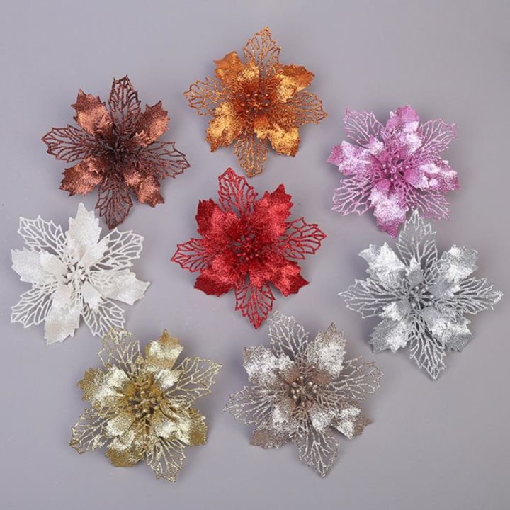 cc-9cm-3-54inch-glitter-hollow-hanging-ornament-xmas-poinsettia-artificial-flowers-decorations
