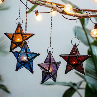 Star Glass Votive Tea Light R Hangings เชิงเทียนโคมไฟโคมไฟ Xmas Party Home Garden Room Decor Gift