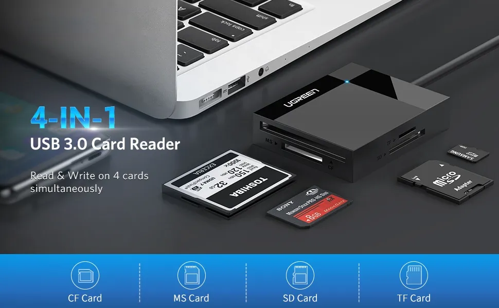 UGREEN SD Card Reader 4 in 1 USB 3.0 SD TF CF MS Memory Card Adapter 5Gbps  Read Write Simultaneously for SD SDXC SDHC CF CFI TF Micro SD Micro SDXC  Micro