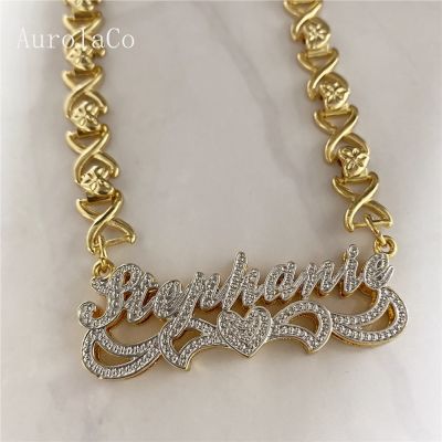 AurolaCo Custom Name Necklace 3D Double Nameplate Custom Earrings Set Personalized XOXO Name Necklace for Women Jewelry Gifts