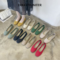 DikoDumter รองเท้าผู้หญิงนุ่มพื้นรองเท้าถัก Sepatu Slip On เด็กผู้หญิงสีทึบรองเท้าแฟลตหัวตัด