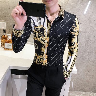 [COD] men 2020 autumn mens British long-sleeved spirit guy print slim trendy