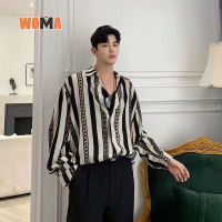 WOMA เสื้อแขนยาวชายหล่อเสื้อเชิ้ตมีลายวินเทจเทรนด์หลวมไฮเอนด์