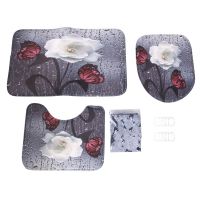 3D Butterfly Flower Fabric Waterproof Shower Curtain Bathroom Curtains Set Flower Scenery Non-Slip Rug Toilet Lid Cover