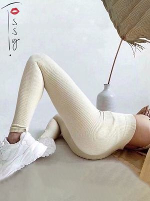 กางเกงโยคะ Tossy Ribbed Yoga Leggings กางเกงกีฬาผู้หญิงถักกางเกงโยคะสีขาว Femme Gym Leggings ผอมออกกําลังกายฟิตเนส Push Up♥