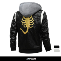 HOT11★2021 New Spring Leather Mens Jacket Removable Hoodied Scorpion Embroidery Motorcycle Jacket Men Slim Fit Leather Mens Jackets