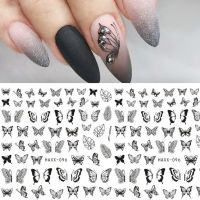 【LZ】 Black Butterfly Nails Stickers Decals White Flower Adhesive Manicure Decorations Design For Nail Art Manicures Decorations Salon