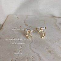 [COD] Asymmetric design! Micro-inlaid zircon star and moon earrings 925 silver needle plated 14K personalized ins style earrings factory