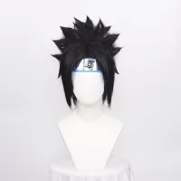 Ccutoo Synthetic Black Short Wigs Uchiha Sasuke Cosplay Wigs For Men Heat Resistance With Blue Headwear + Wig Cap