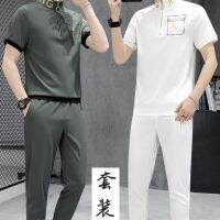 【hot seller】 Mens casual suit 2022 summer new ice silk sportswear large size two-piece short-sleeved t-shirt mens