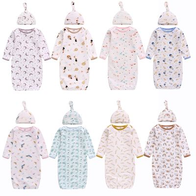 2Pieces Newborn Blanket Swaddling Wrap Baby Girls Boys Sleeping Bags Soft Cotton Long Sleeve Gowns Wrap+Hat Toddler Baby Sets