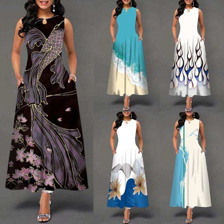 ฤดูร้อนลำลองแขนกุดพิมพ์-fish-beach-รูปแบบ-maxi-dress-a-line-boho-pocket-vintage-หลวม-plus-size-dresses
