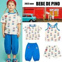 เสื้อครอปสำหรับเด็กชุดเสื้อยืดสำหรับเด็ก BEBE DE PINO ใหม่สำหรับฤดูร้อน10-12 2023เสื้อกั๊กกระต่ายน่ารักเสื้อยืดเด็กหญิงเด็กชายสีน้ำเงินคร็อปแพนท์ชุดเสื้อผ้าเด็ก