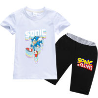 Sonic The Hedgehog เสื้อยืดสั้นกางเกงชุดสำหรับสาวเด็กแขนสั้นผ้าฝ้าย TShirt การ์ตูนอะนิเมะกางเกงขาสั้นใหม่เด็กเกาหลี RT1625A