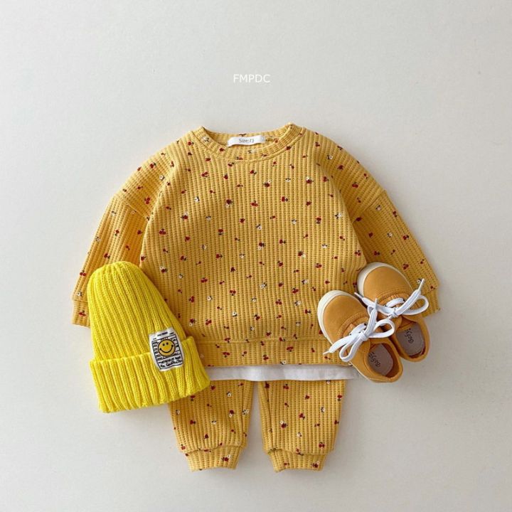 สไตล์เกาหลีฤดูใบไม้ร่วงใหม่เด็กทารกเด็กผู้หญิงชุดสีเหลือง-beige-สีชมพูดอกไม้รอบคอเสื้อยืดกางเกงชุดเด็ก-e023