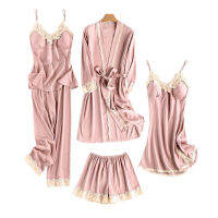 GDS Lace Sleepwear Robe Camis Shorts Set ยืดและน้ำหนักเบาเหมาะสำหรับสวมใส่ทุกวัน