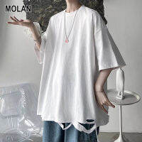 MOLAN   เสื้อเชิ้ตผู้ชายคอกลม, เสื้อผ้าผ้าฝ้ายลําลอง stovepipe หลวมเสื้อยืดไม่เพียงพอรูปแบบพื้น