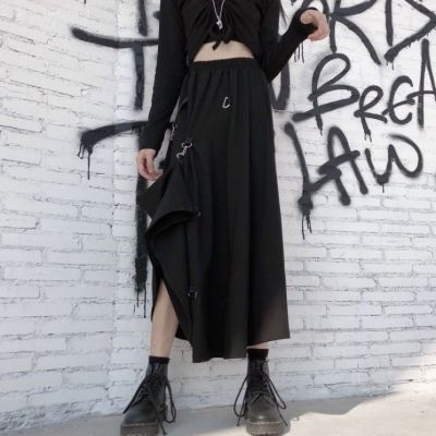 ‘；’ Harajuku Punk Style Skirts High Waist Splicing Buckle Irregular Gothic Skirt Black Streetwear Freely Adjustable Gothic Skirt