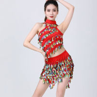 KKWomen S Latin Dance Dress เลื่อม Tassels Backless Strappy Tank Top กระโปรง Choker 3ชิ้นชุด Rumba Samba Dance Costumeq11