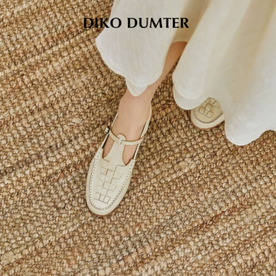DikoDumter รองเท้าชาวประมงหัวกลมทำมือ,รองเท้าส้นเตี้ยทอวินเทจแฟชั่นสำหรับผู้หญิง