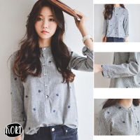 เสื้อเชิ้ต แขนยาว ปักลาย คอกลม กระดุมหน้า ผ้าหนา แฟชั่นผู้หญิง Kori Shop [132]