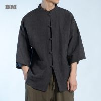 Summer Chinese Style Vintage Linen Shirt Men Clothing Plus Size Short Sleeve Tai Chi Kung Fu Tang Suit Oversize Tops Male