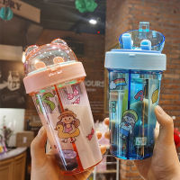 【 Cw】420Ml Kawaii ขวดน้ำคู่สองหลอดกลางแจ้งแบบพกพาขวดนักเรียนคู่ถ้วยพลาสติกของขวัญขวดน้ำดื่มกาต้มน้ำ