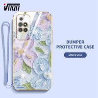 VRQR เคสโทรศัพท์สำหรับ Xiaomi Redmi 10 Prime 2022 ภาพสีน้ำมันสไตล์ภาพวาดดอกไม้กรอบเคสนิ่มเคลือบอิเล็คโทรเพลทแบนพร้อมฟรีสายคล้อง