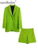 Aonibeier 2022 Woman Casual Traf Blazer Suits Spring Single Button Long Jacket Green Coats Shorts OL Style Female 2 Piece Sets