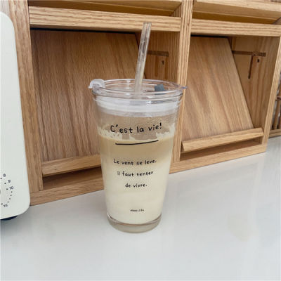 Summer New Simple Retro French Large-capacity Retro Girl Letter Coffee Glass Cup with Lid Straw Water Cup