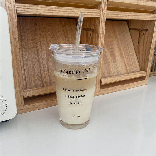 summer-new-simple-retro-french-large-capacity-retro-girl-letter-coffee-glass-cup-with-lid-straw-water-cup