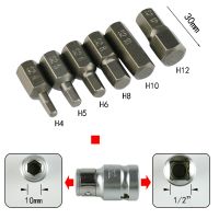 7 In 1 30mm Long 10mm Hex Shank Heavy Duty Impact Hexagon Screwdriver Bits H4 H5 H6 H8 H10 H12 with 1/2 Drive Socket Adapte Set