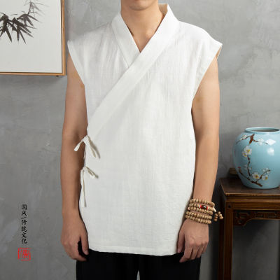 ผ้าลินิน Kapas Tanpa Lengan เสื้อคาร์ดิแกน Kimono Lelaki Tang Saman Lelaki Terbuka Jahitan Kot Tradisional Cina Pakaian Hanfu Lelaki