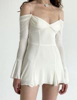 √Flounced Edge Skinny White Mini Dress Long Flared Sleeve Spaghetti Strap Off Shoulder Low Cut Sling Dress Party Streetwear