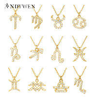 ANDYWEN 925เงินสเตอร์ลิงทอง12เสน่ห์ราศีจี้สร้อยคอโซ่ยาวบาง Monogram ผู้ชายส่วนบุคคลวันเกิดเครื่องประดับ Fine